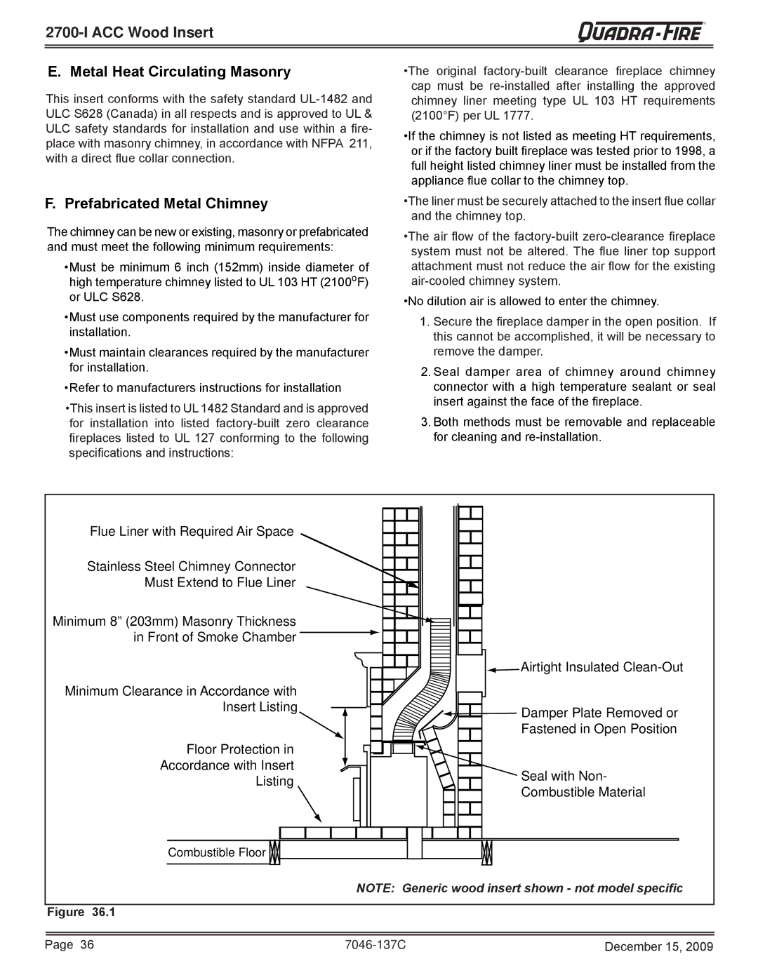 Quadra-Fire 7046-137C warranty ACC Wood Insert Metal Heat Circulating Masonry, Prefabricated Metal Chimney, 36.1 