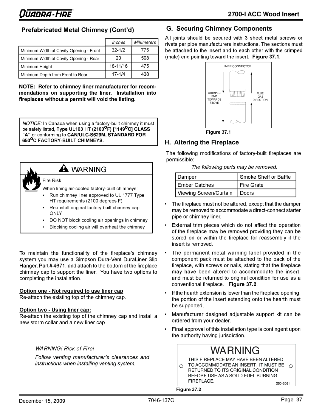 Quadra-Fire 7046-137C warranty ACC Wood Insert Prefabricated Metal Chimney Cont’d, Securing Chimney Components 