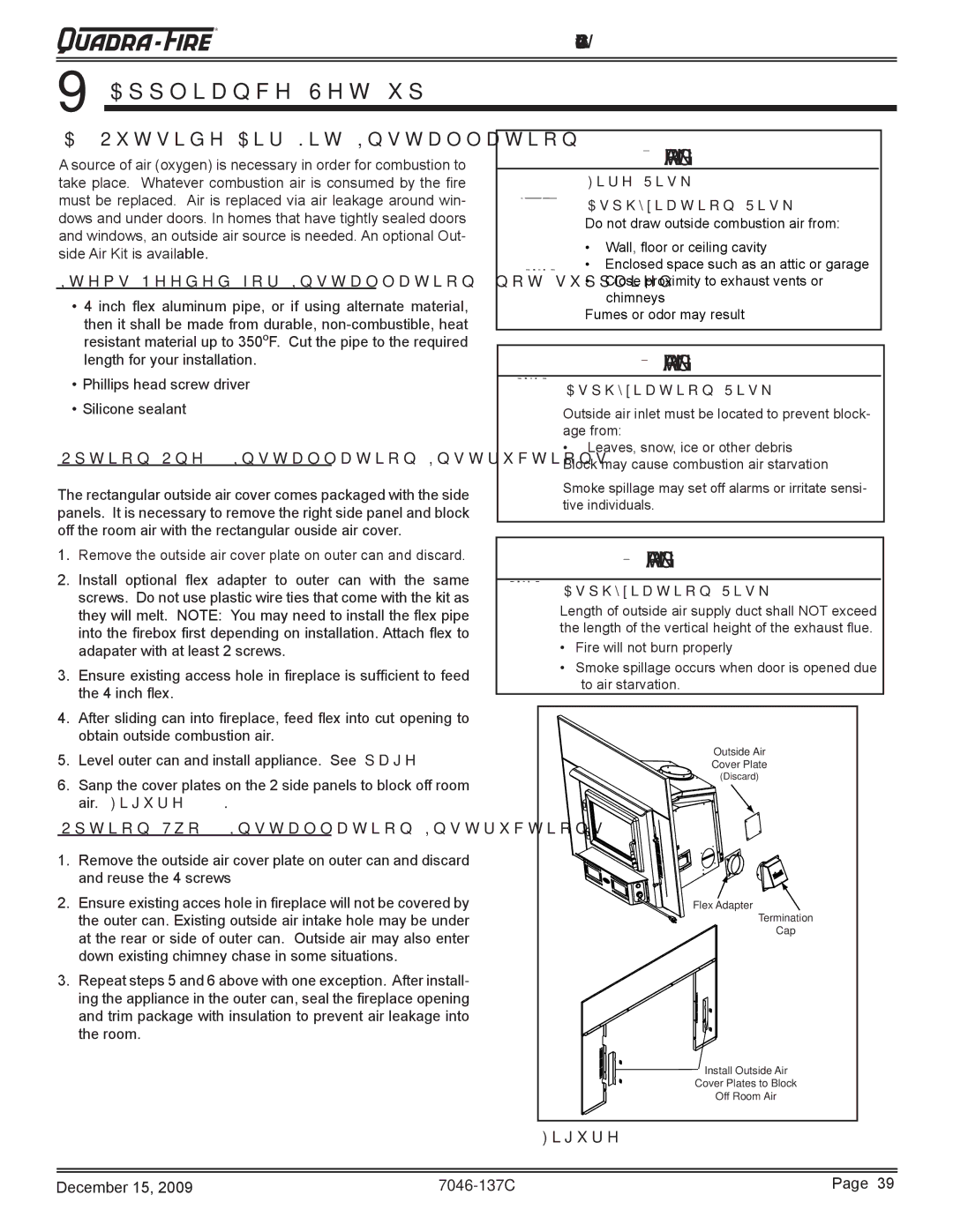 Quadra-Fire 7046-137C warranty Appliance Set-up, Outside Air Kit Installation, Items Needed for Installation not supplied 