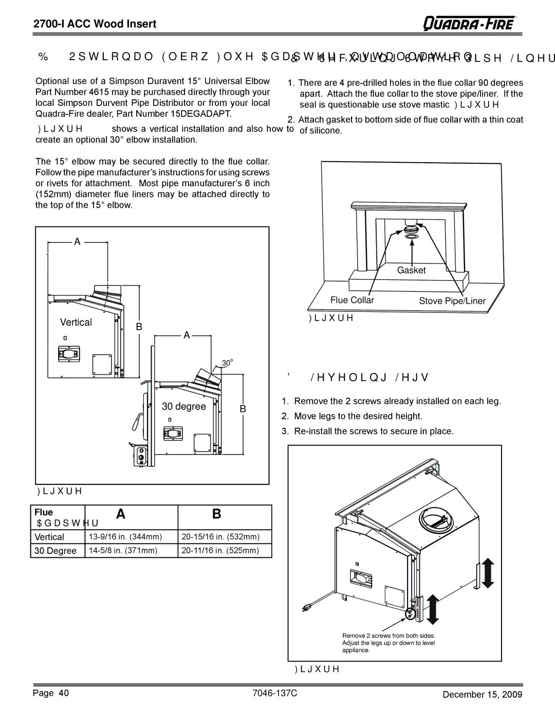 Quadra-Fire 7046-137C warranty Leveling Legs, Flue Adapter 