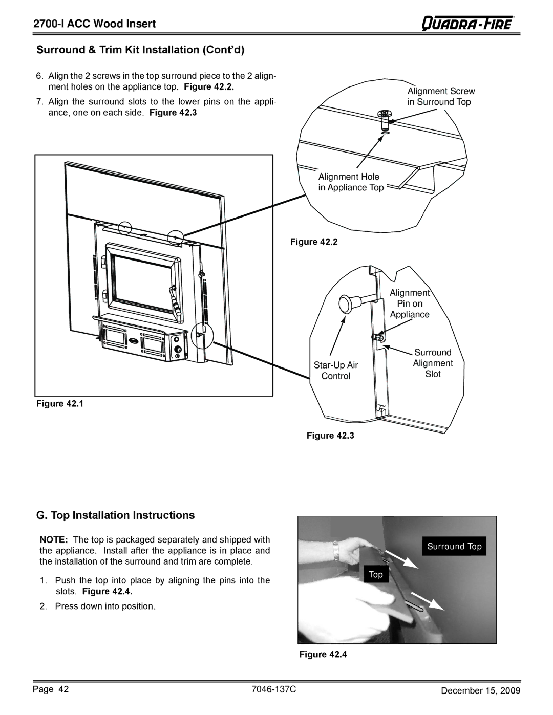 Quadra-Fire 7046-137C warranty ACC Wood Insert Surround & Trim Kit Installation Cont’d, Top Installation Instructions 