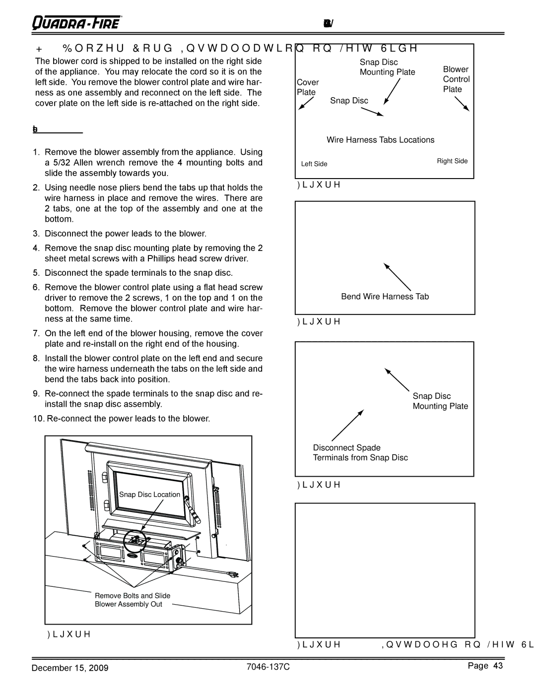 Quadra-Fire 7046-137C warranty ACC Wood Insert Blower Cord Installation on Left Side, Instructions 