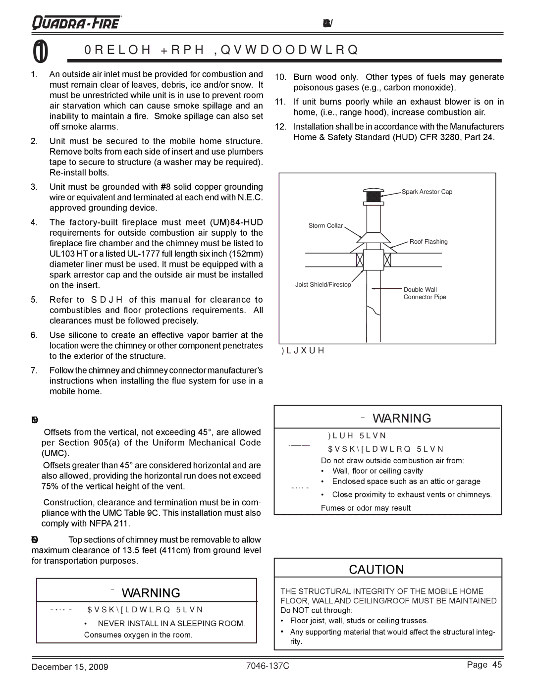 Quadra-Fire 7046-137C warranty Mobile Home Installation, ACC Wood Insert 