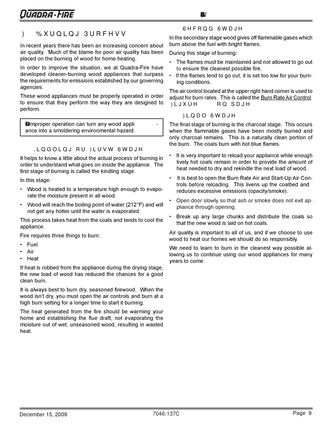 Quadra-Fire 7046-137C warranty ACC Wood Insert Burning Process, Kindling or First Stage, Second Stage, Final Stage 