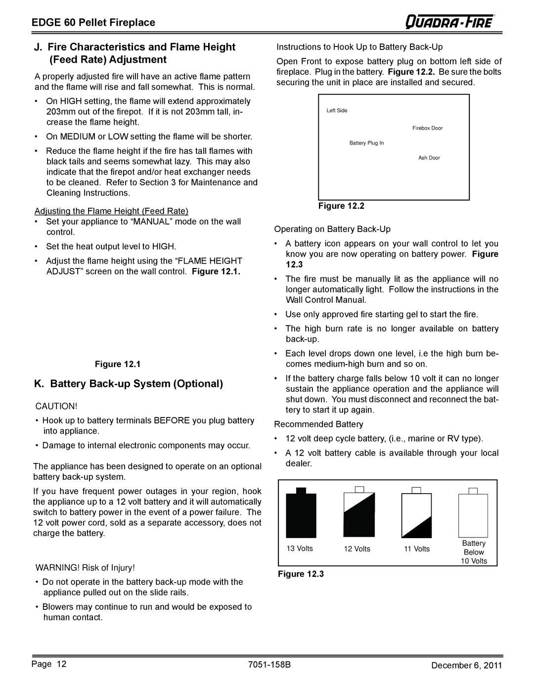 Quadra-Fire 7051-158B owner manual Battery Back-up System Optional 