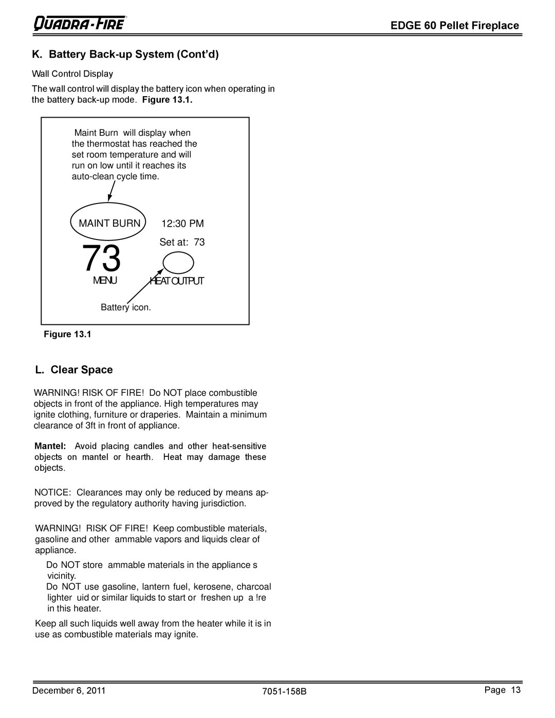 Quadra-Fire 7051-158B owner manual Edge 60 Pellet Fireplace Battery Back-up System Cont’d, Clear Space 