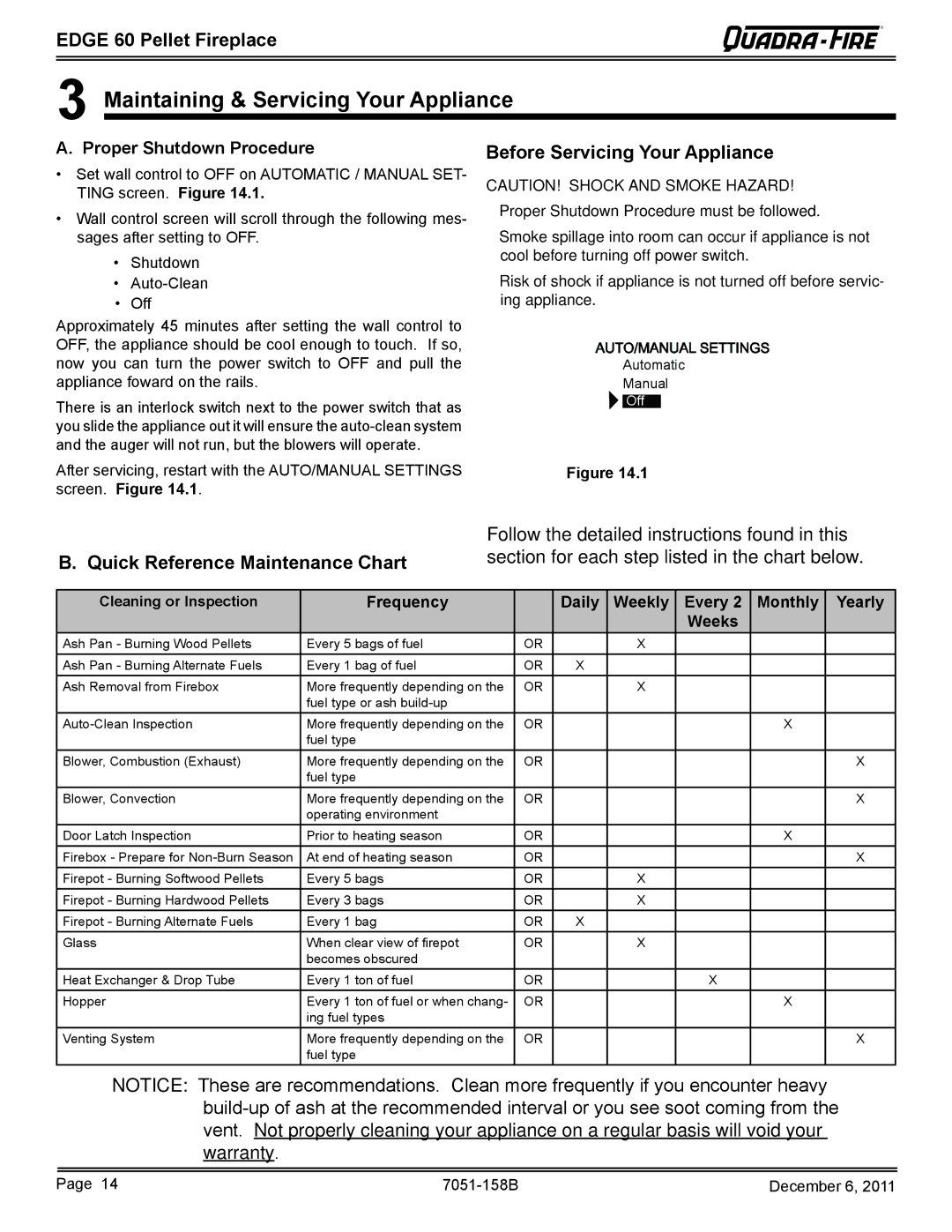 Quadra-Fire 7051-158B Maintaining & Servicing Your Appliance, Before Servicing Your Appliance, Cleaning or Inspection 