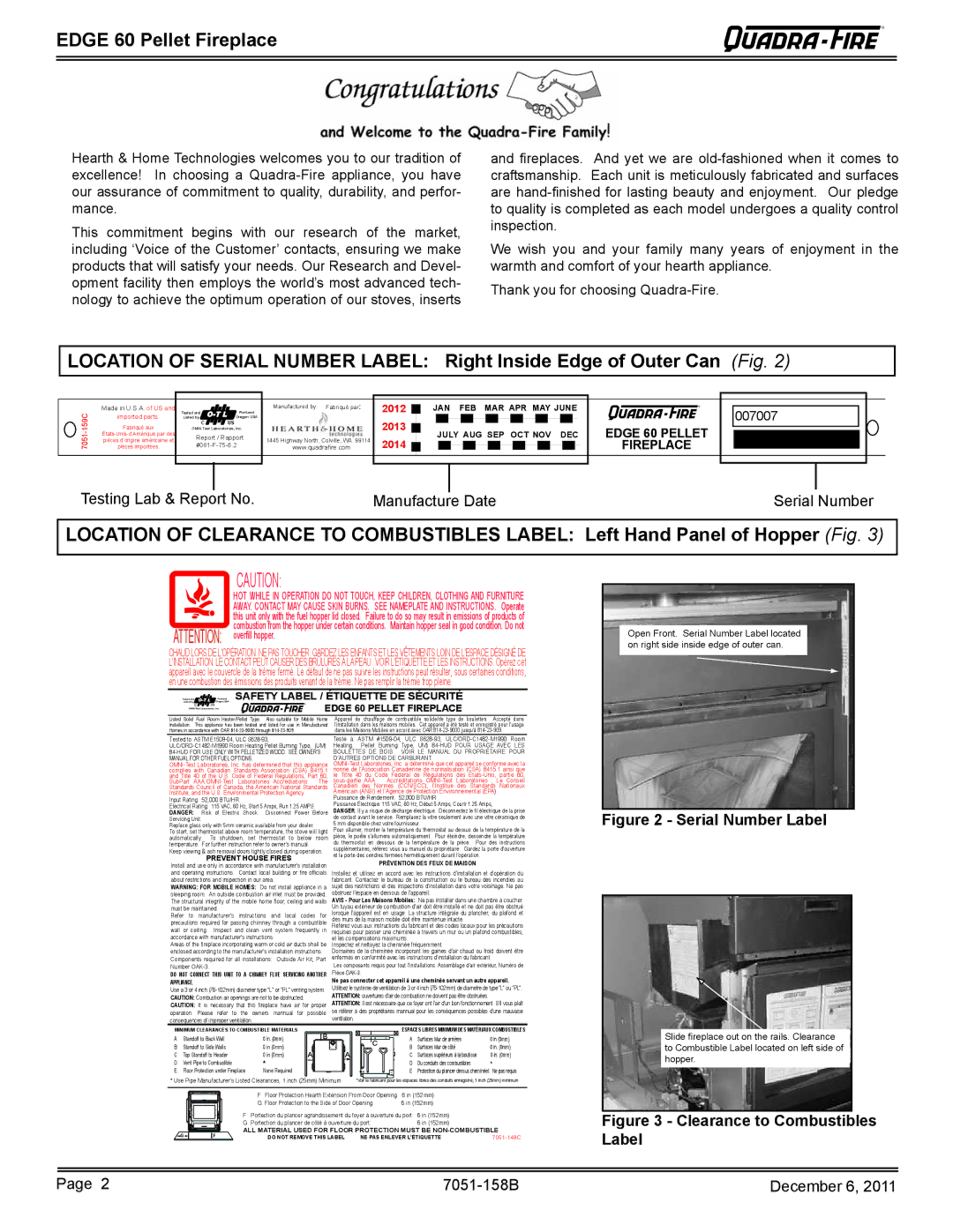 Quadra-Fire 7051-158B owner manual Edge 60 Pellet Fireplace, Serial Number Label 