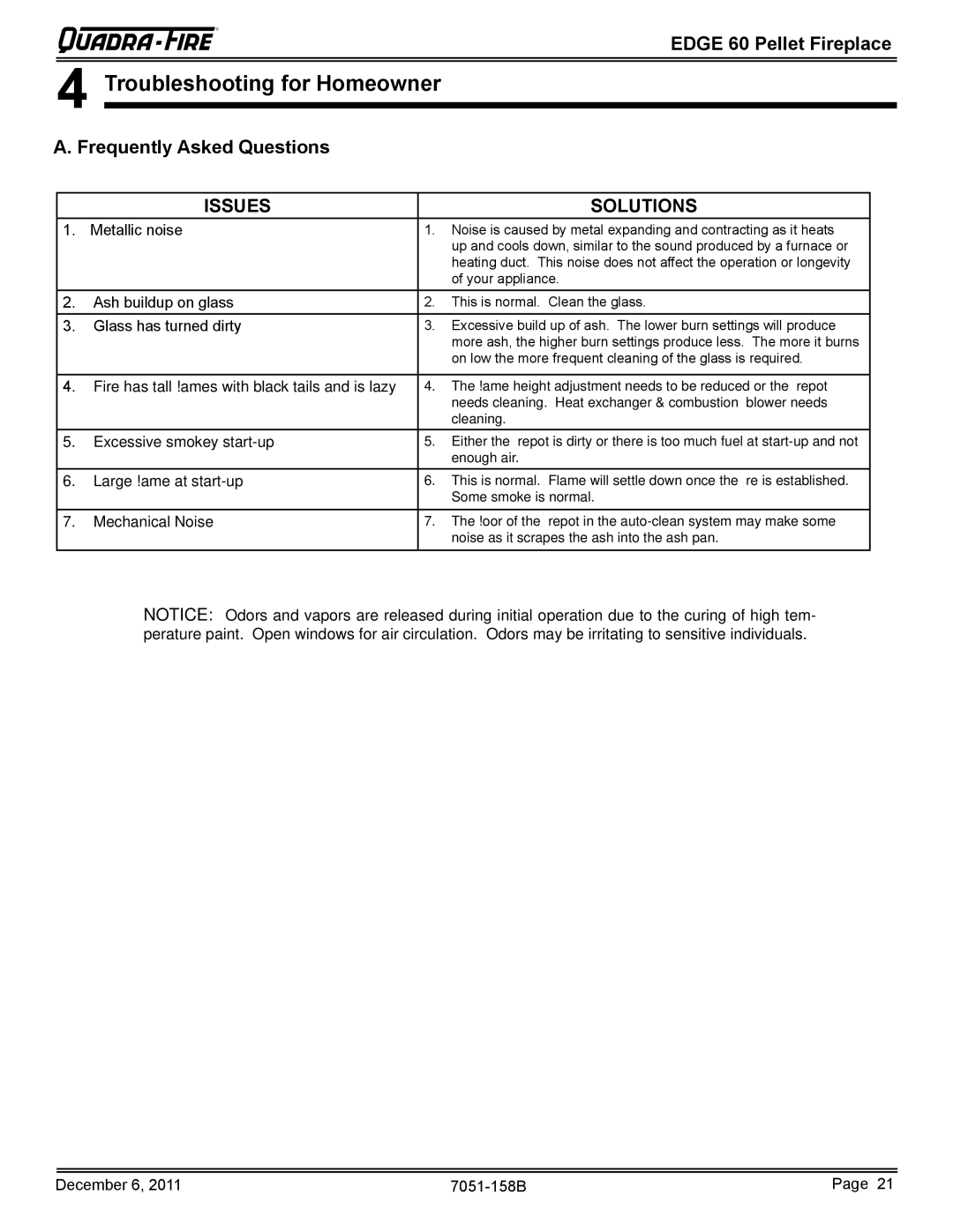 Quadra-Fire 7051-158B owner manual Troubleshooting for Homeowner, Frequently Asked Questions 