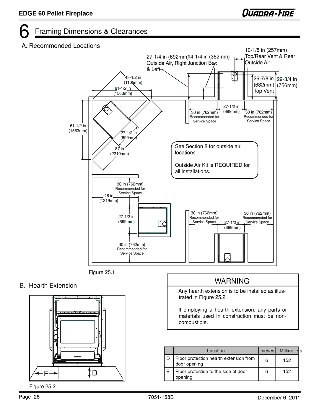 Quadra-Fire 7051-158B owner manual Framing Dimensions & Clearances, Recommended Locations, Hearth Extension 