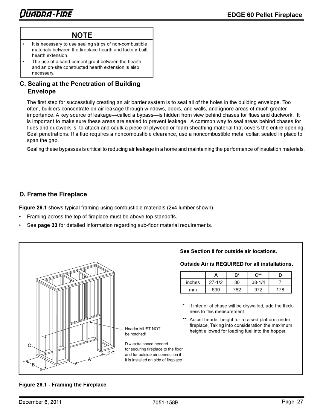 Quadra-Fire 7051-158B owner manual Sealing at the Penetration of Building Envelope, Frame the Fireplace 