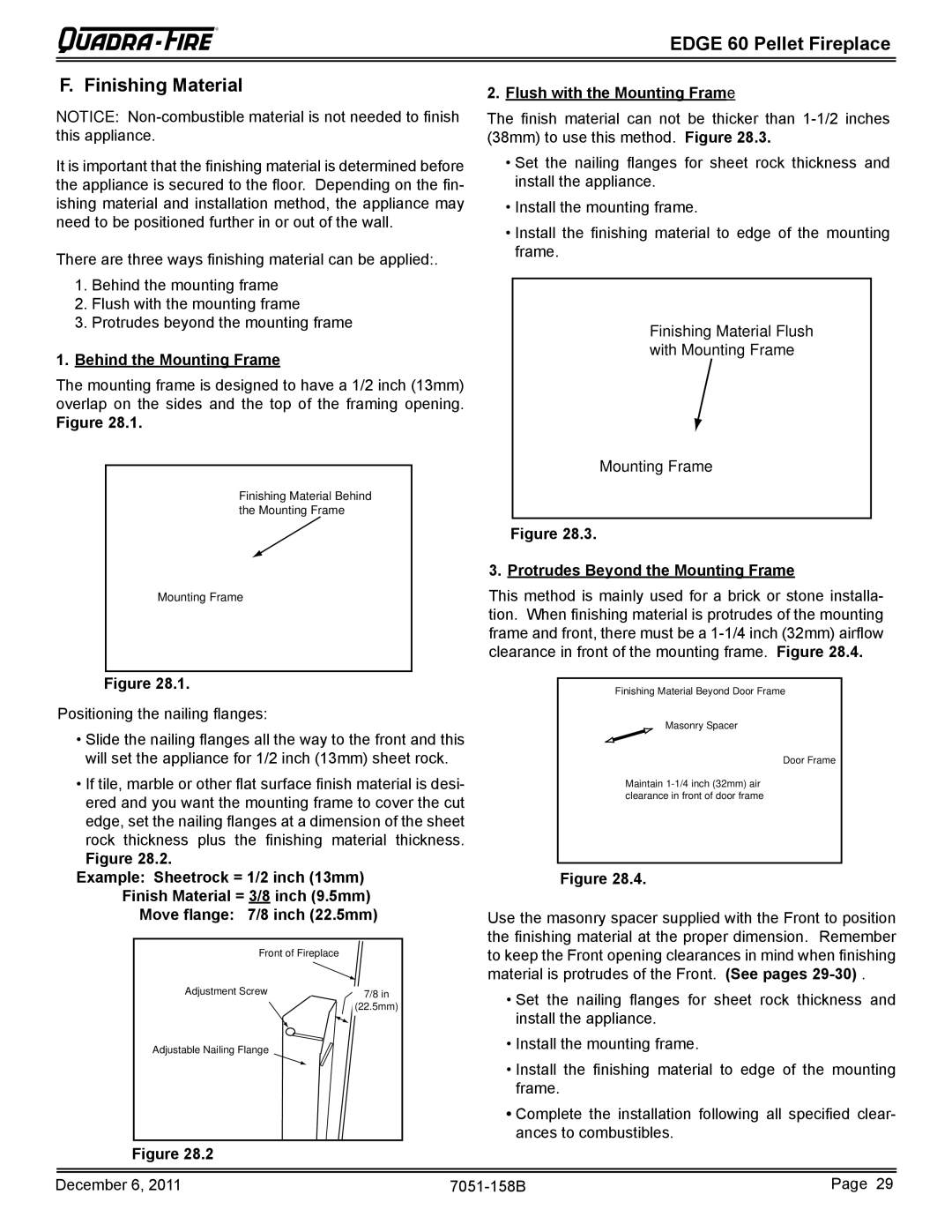 Quadra-Fire 7051-158B owner manual Edge 60 Pellet Fireplace Finishing Material, Flush with the Mounting Frame 