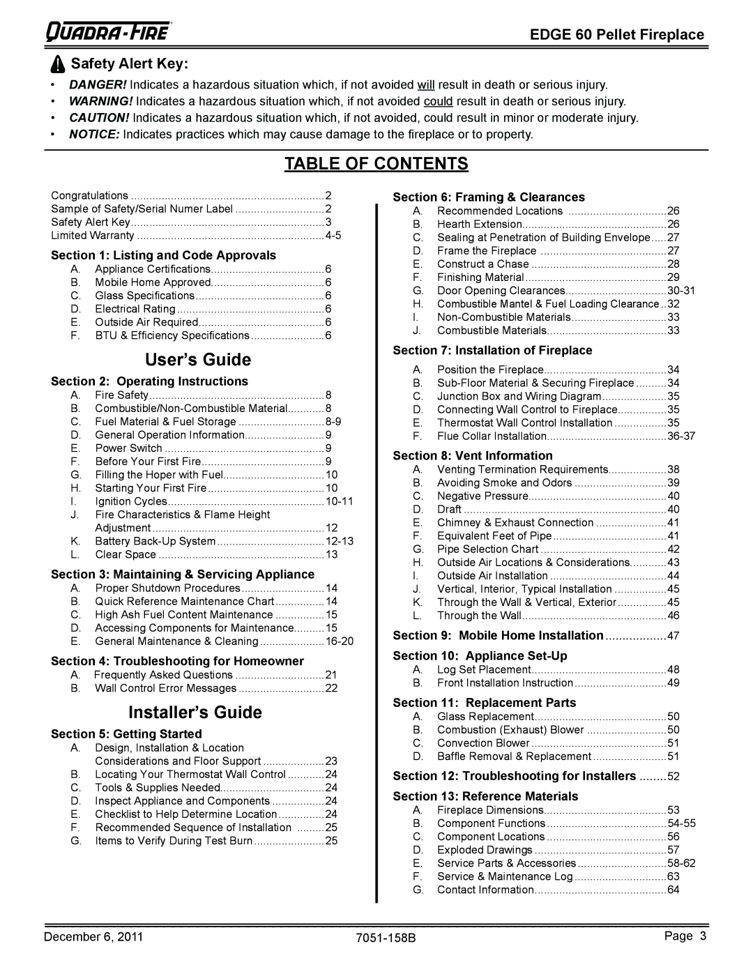 Quadra-Fire 7051-158B owner manual Table of Contents 