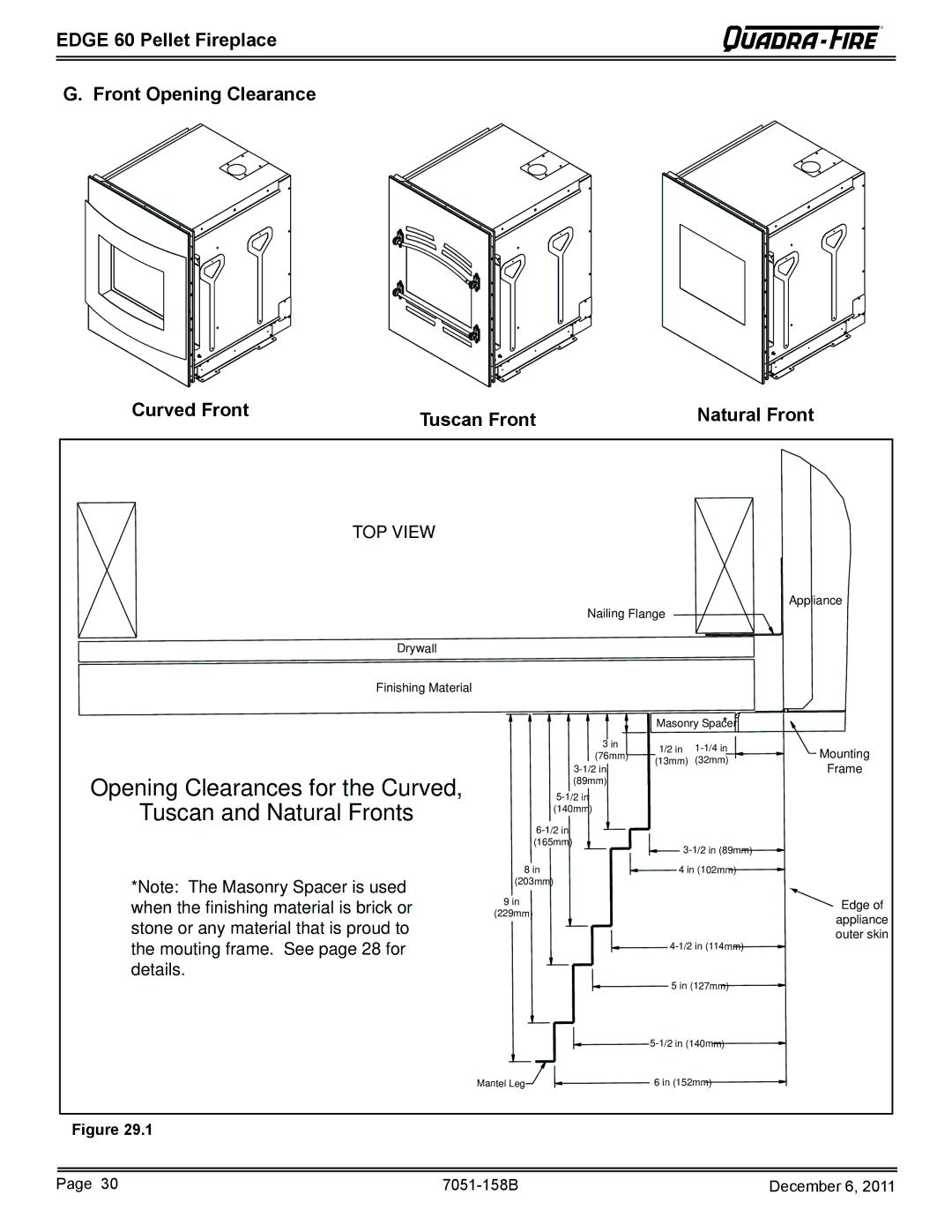 Quadra-Fire 7051-158B owner manual Opening Clearances for the Curved Tuscan and Natural Fronts 