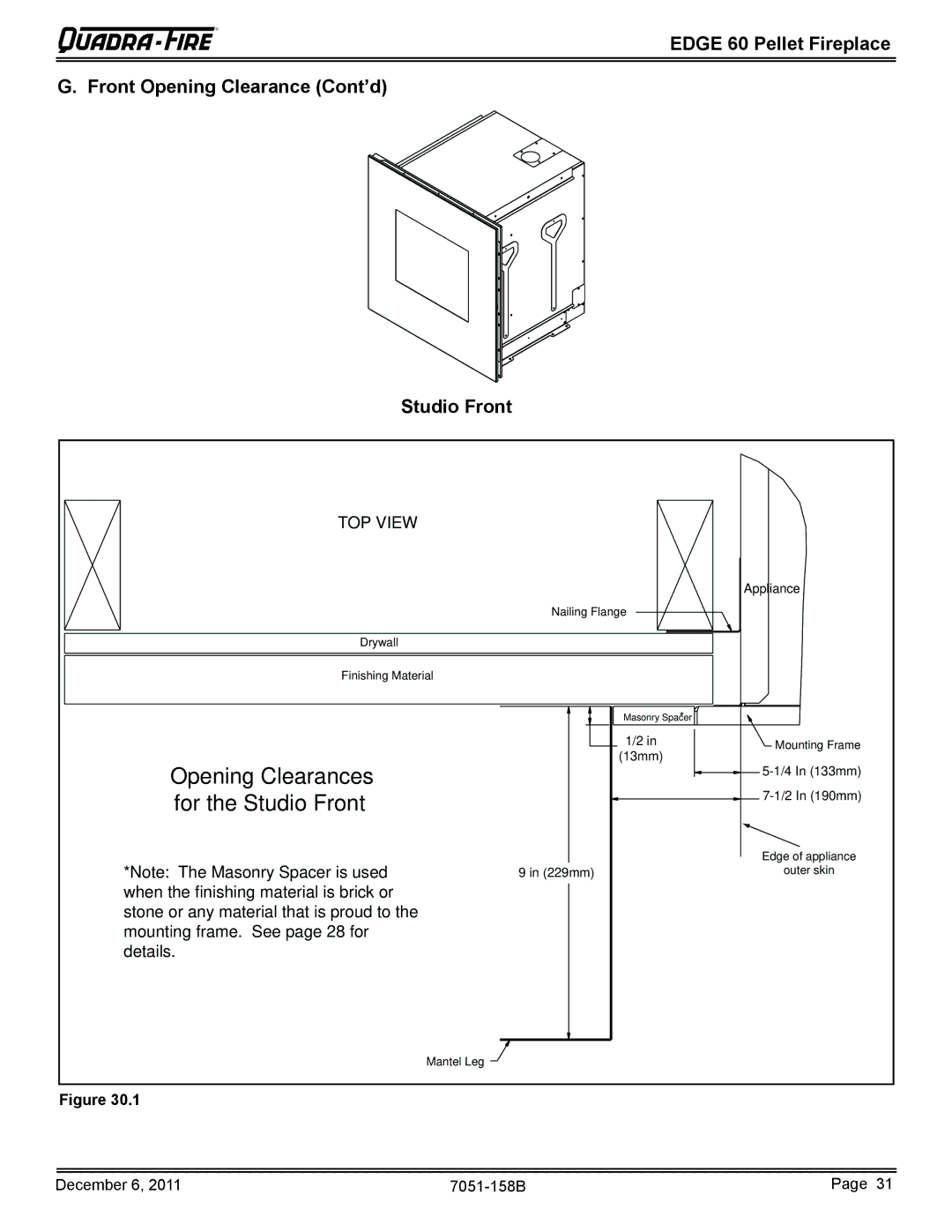 Quadra-Fire 7051-158B owner manual Opening Clearances for the Studio Front 