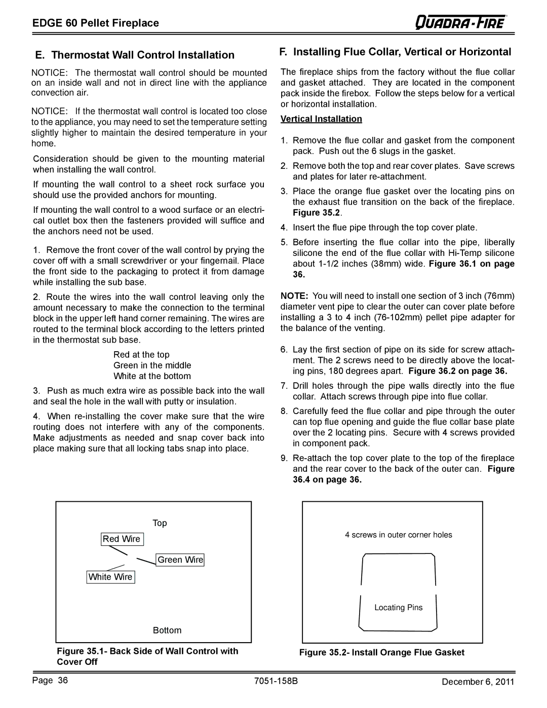 Quadra-Fire 7051-158B owner manual Vertical Installation, Back Side of Wall Control with Cover Off 