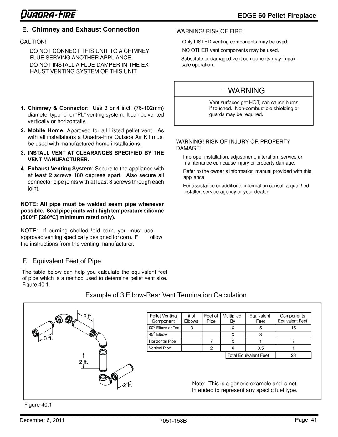 Quadra-Fire 7051-158B owner manual Edge 60 Pellet Fireplace Chimney and Exhaust Connection, Equivalent Feet of Pipe 