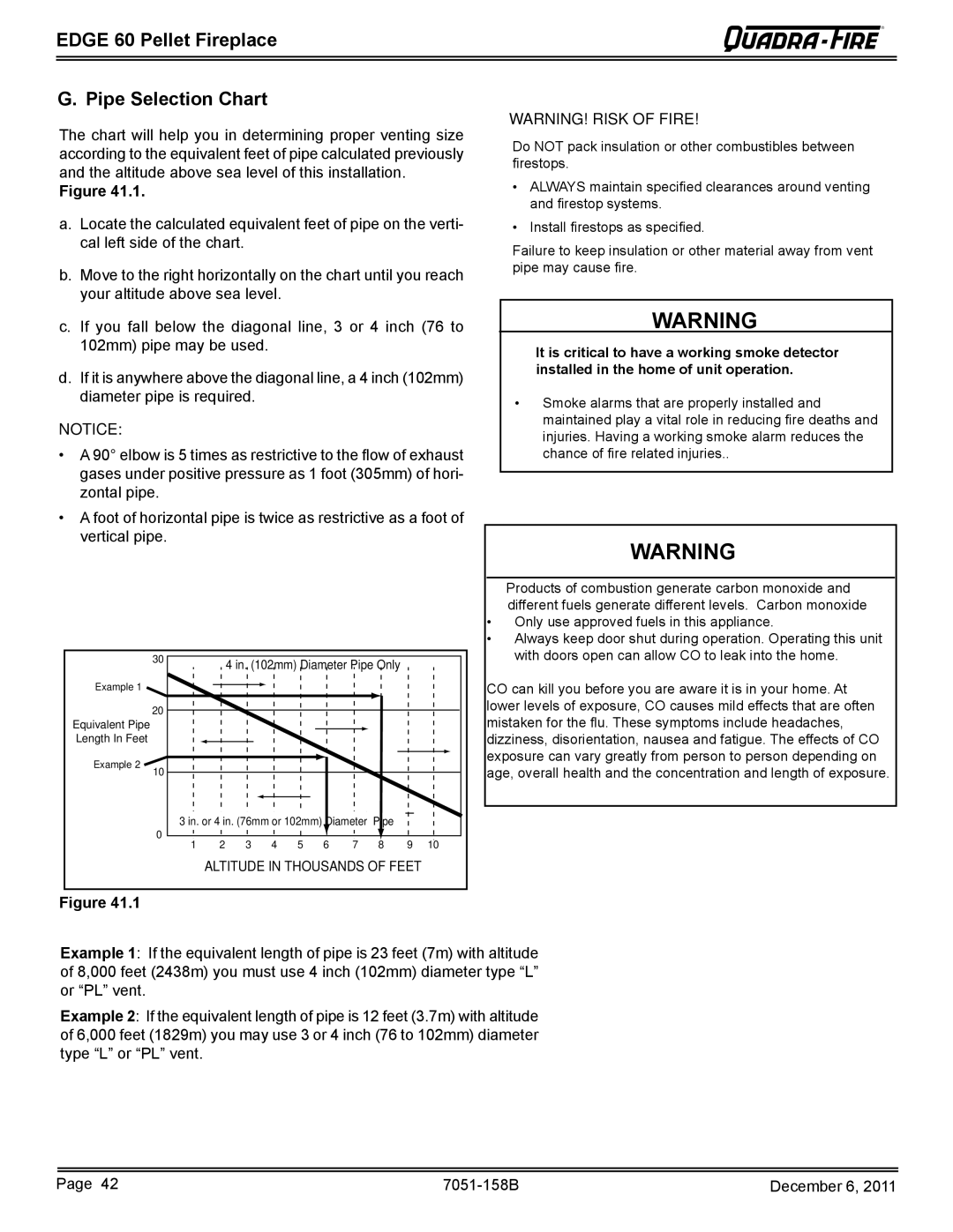 Quadra-Fire 7051-158B owner manual Edge 60 Pellet Fireplace Pipe Selection Chart, Altitude in Thousands of Feet 