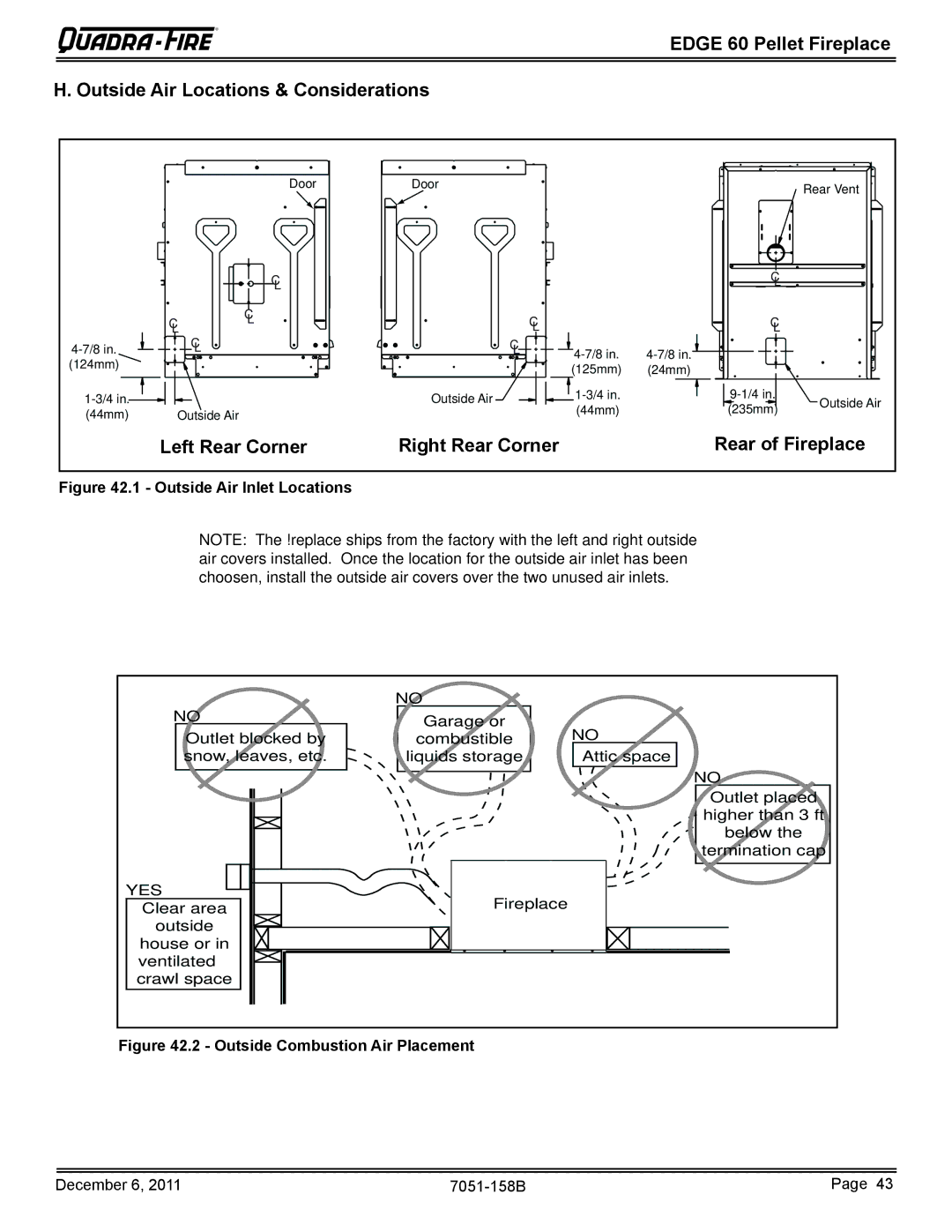 Quadra-Fire 7051-158B owner manual Left Rear Corner Right Rear Corner Rear of Fireplace, Outside Air Inlet Locations 