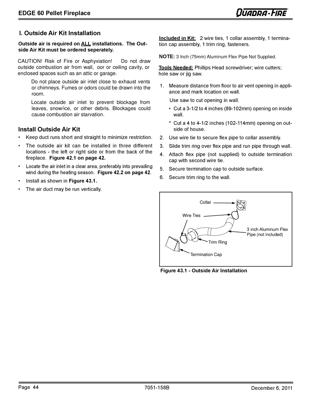 Quadra-Fire 7051-158B owner manual Edge 60 Pellet Fireplace Outside Air Kit Installation, Install Outside Air Kit 