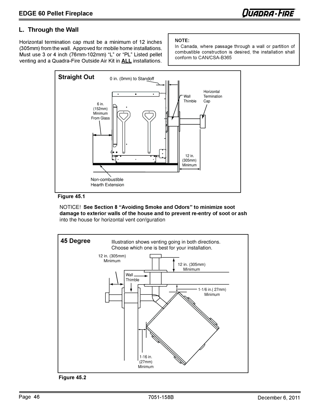 Quadra-Fire 7051-158B owner manual Edge 60 Pellet Fireplace Through the Wall, Straight Out, Degree 