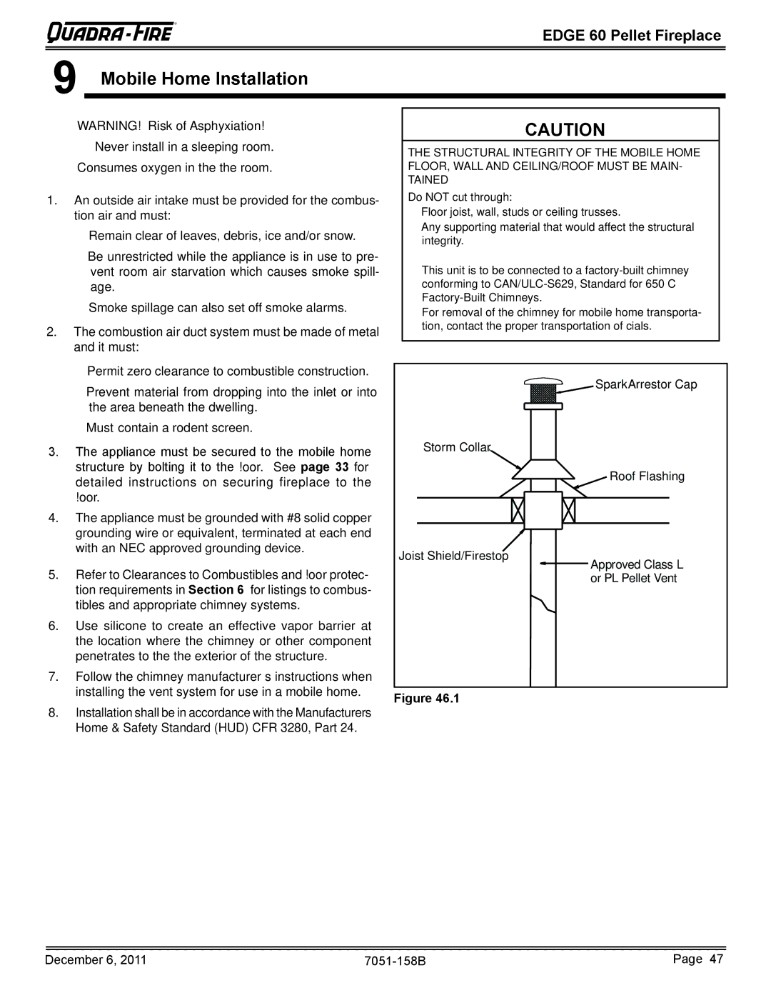 Quadra-Fire 7051-158B owner manual Mobile Home Installation 