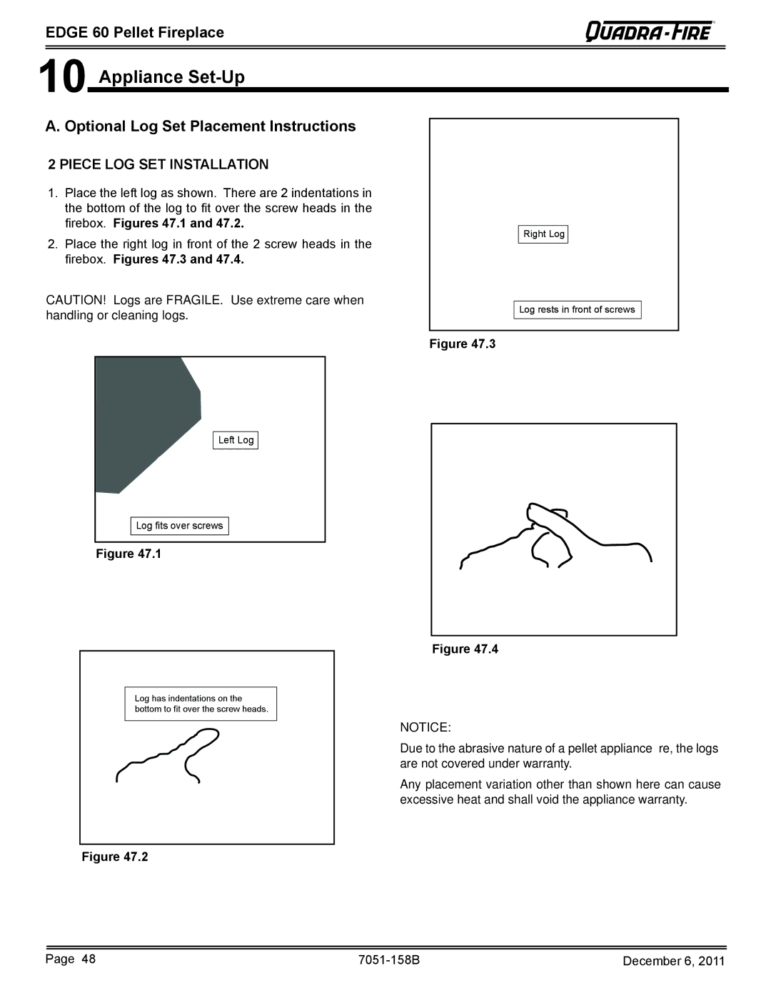 Quadra-Fire 7051-158B Appliance Set-Up, Optional Log Set Placement Instructions, Rebox. Figures 47.1, Rebox. Figures 47.3 