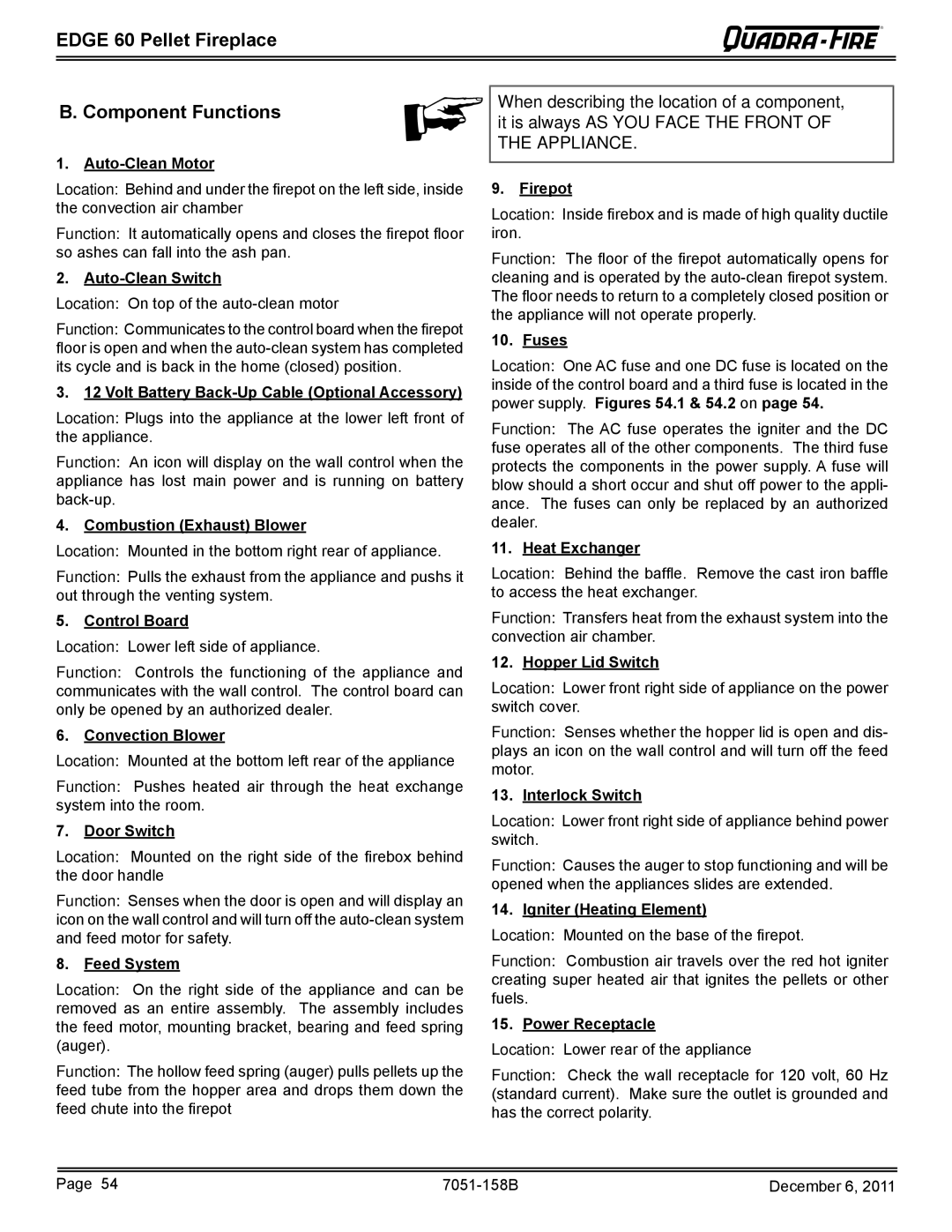 Quadra-Fire 7051-158B owner manual Edge 60 Pellet Fireplace Component Functions 