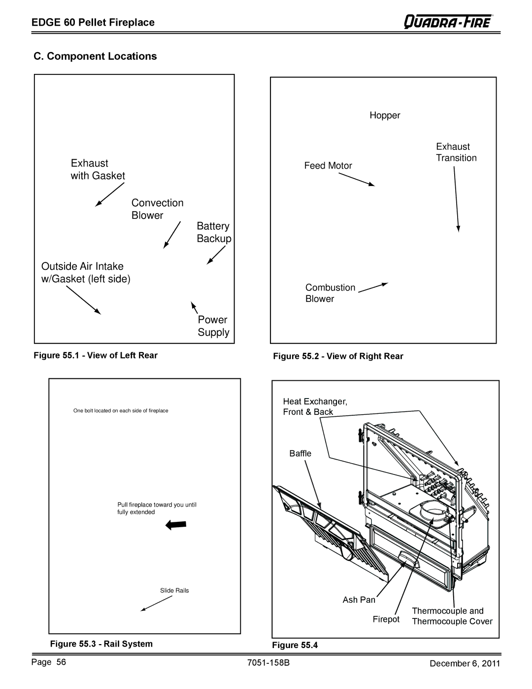 Quadra-Fire 7051-158B owner manual Edge 60 Pellet Fireplace Component Locations, View of Left Rear 