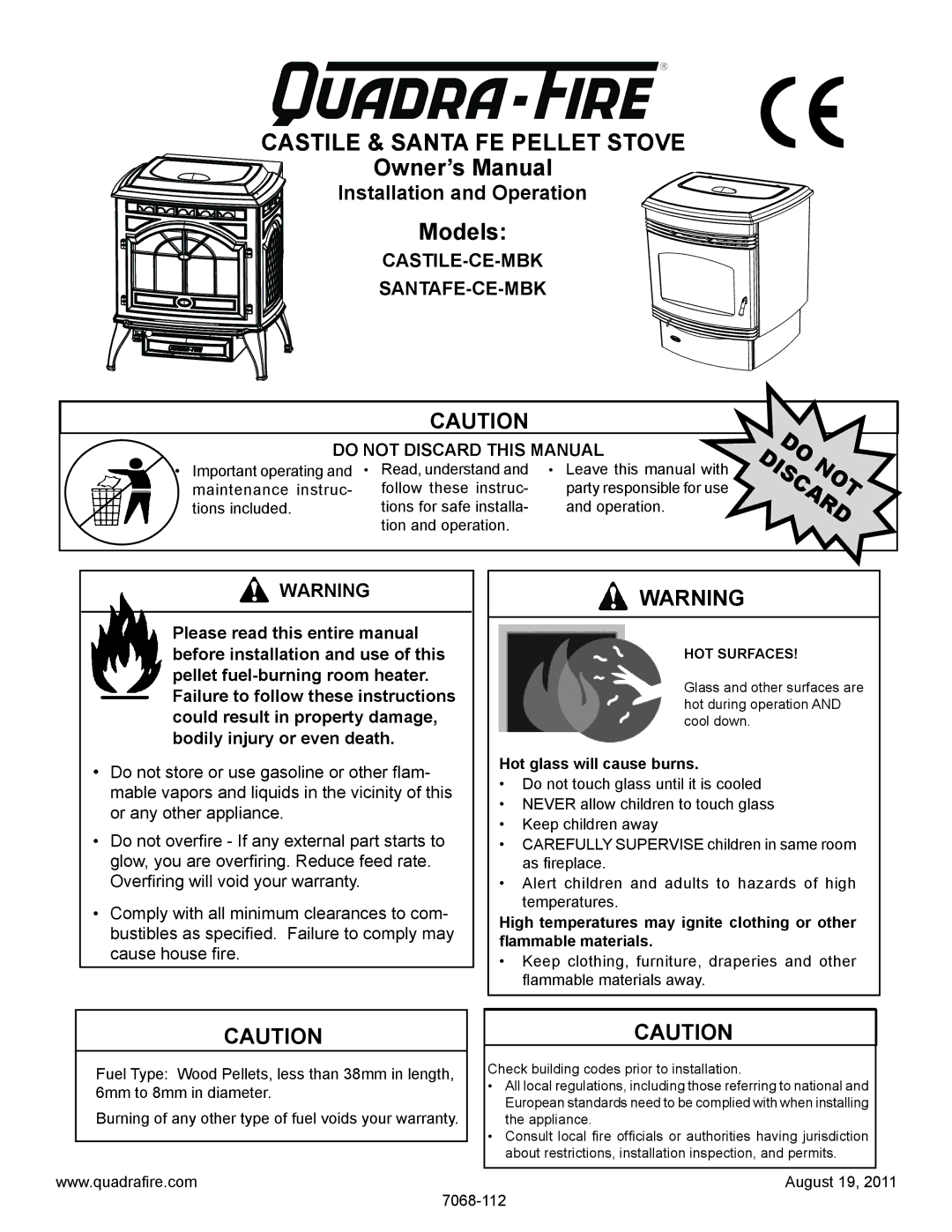 Quadra-Fire 7068-112 owner manual Models, Hot glass will cause burns 