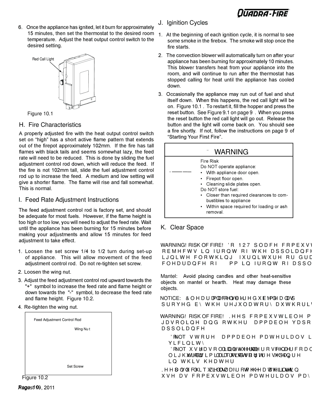 Quadra-Fire 7068-112 Iginition Cycles, Fire Characteristics, Feed Rate Adjustment Instructions, Clear Space, Mantel 