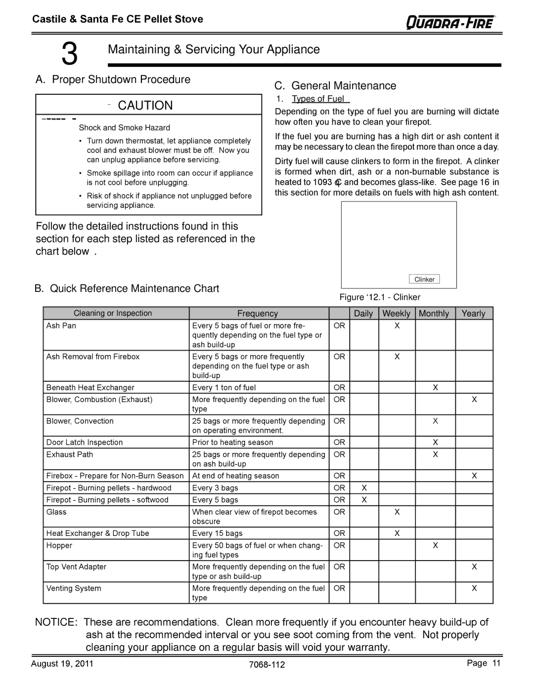 Quadra-Fire 7068-112 owner manual Maintaining & Servicing Your Appliance, Quick Reference Maintenance Chart, Types of Fuel 