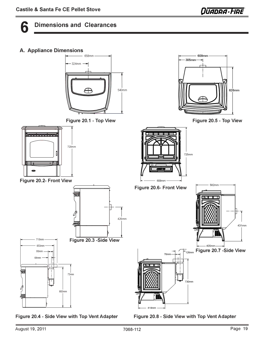 Quadra-Fire 7068-112 owner manual Dimensions and Clearances, Appliance Dimensions 