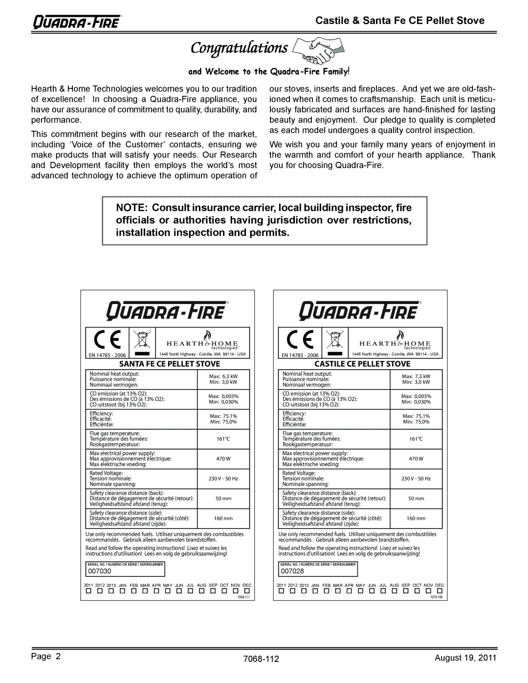 Quadra-Fire 7068-112 owner manual Castile & Santa Fe CE Pellet Stove, Santa FE CE Pellet Stove 