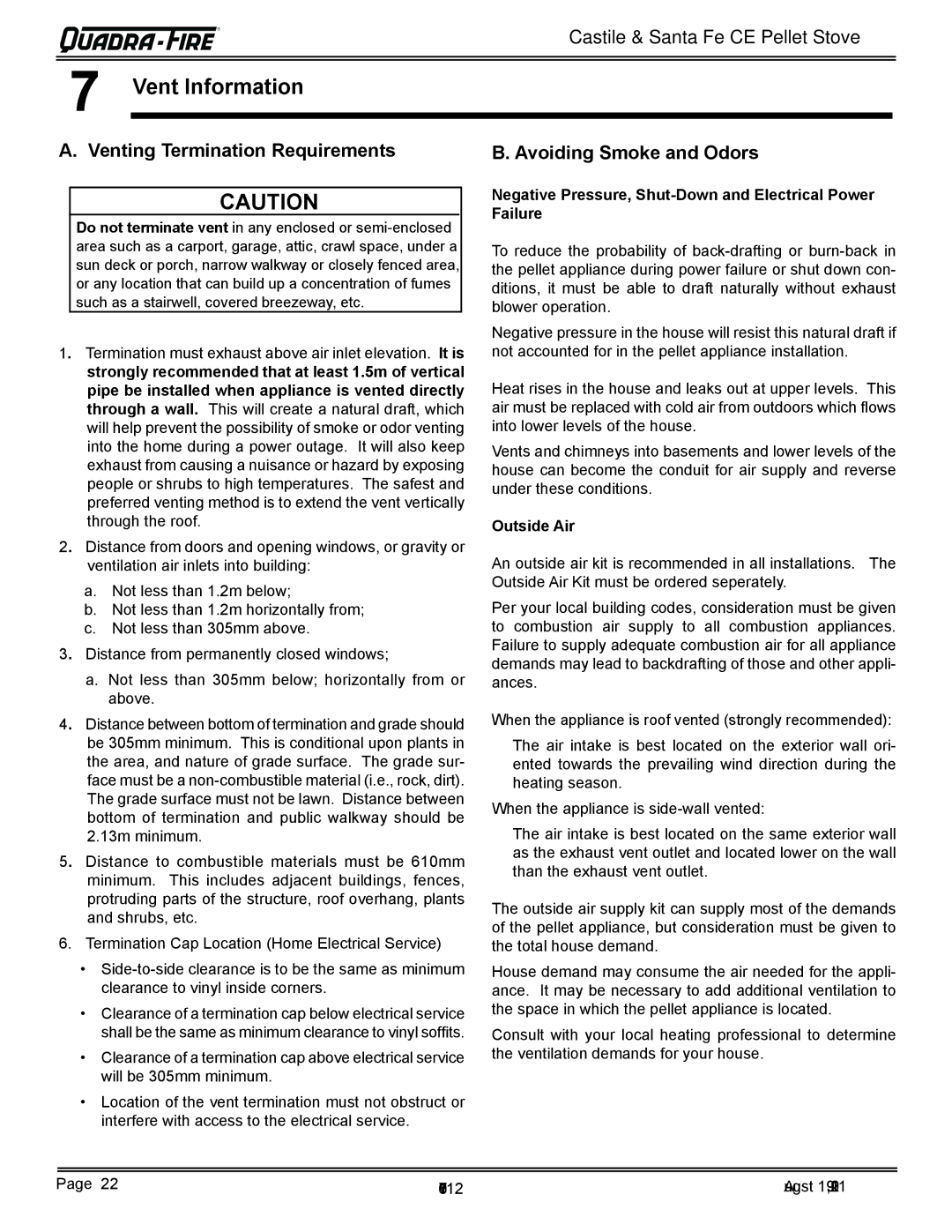 Quadra-Fire 7068-112 owner manual Vent Information, Venting Termination Requirements, Avoiding Smoke and Odors, Outside Air 