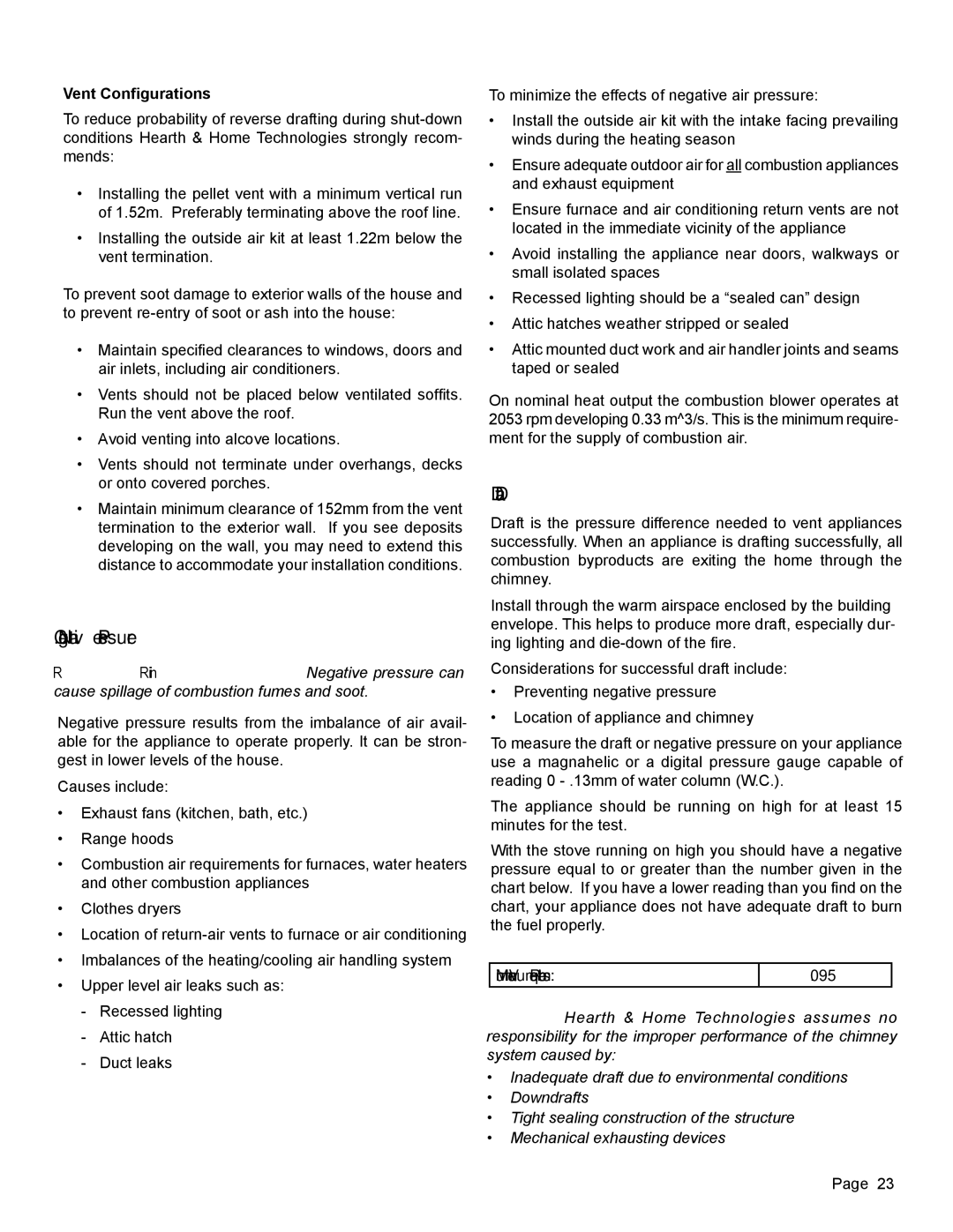 Quadra-Fire 7068-112 owner manual Negative Pressure, Draft, Vent Configurations, Minimum Vacuum Requirements 095 