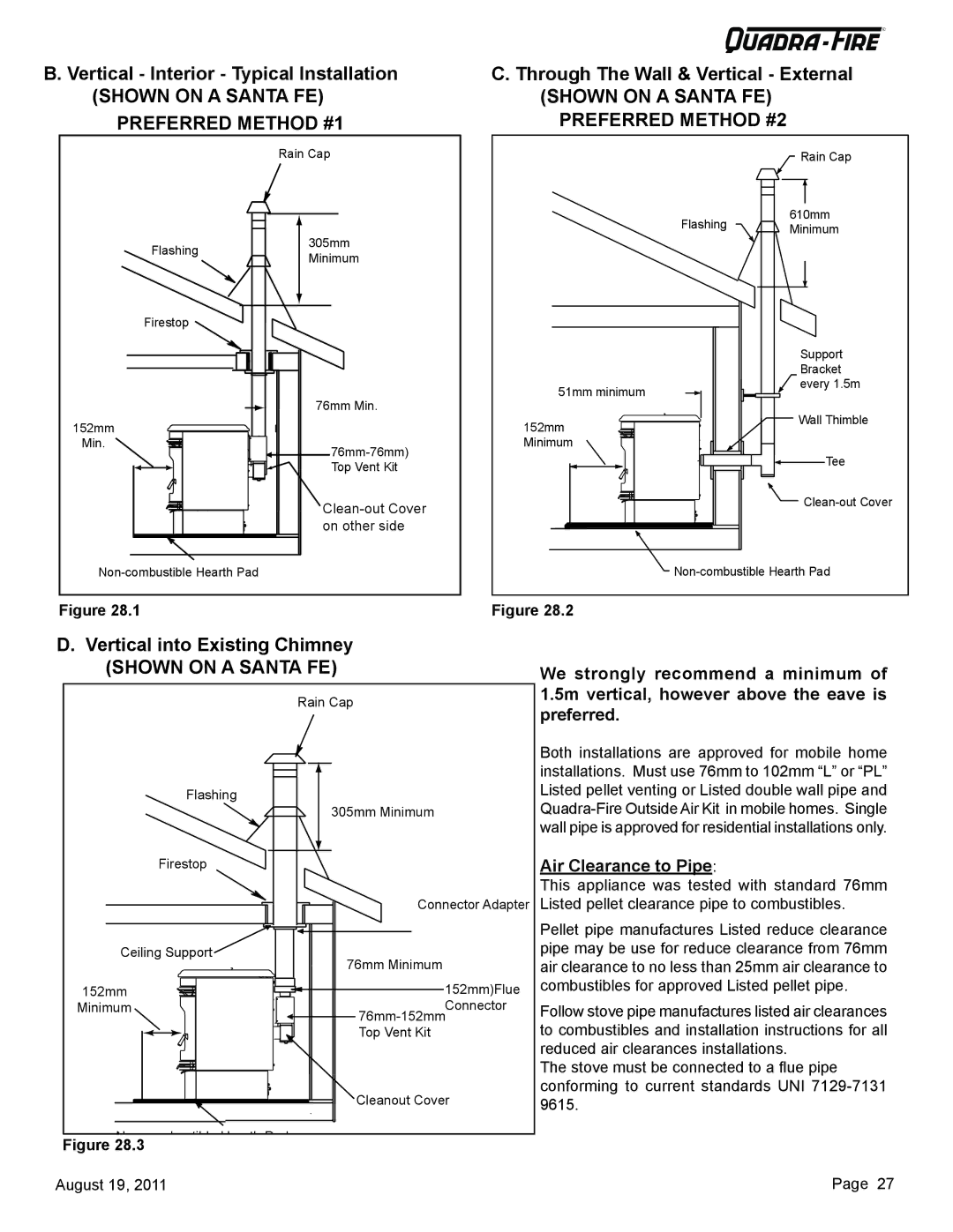 Quadra-Fire 7068-112 owner manual Vertical into Existing Chimney, Air Clearance to Pipe 