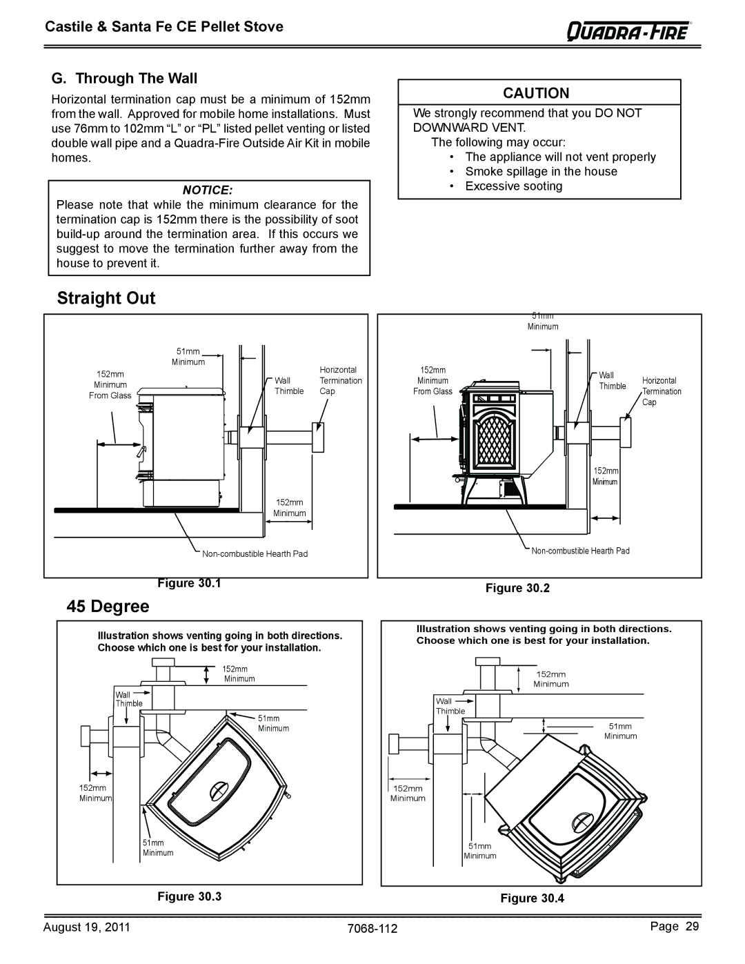 Quadra-Fire 7068-112 owner manual Straight Out, Degree, Castile & Santa Fe CE Pellet Stove Through The Wall 