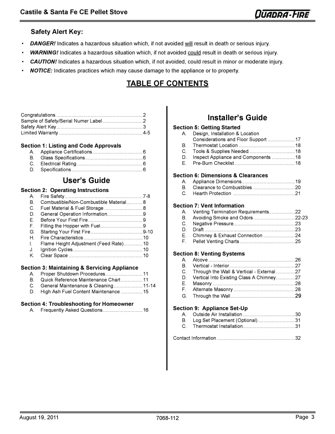 Quadra-Fire 7068-112 owner manual Table of Contents 