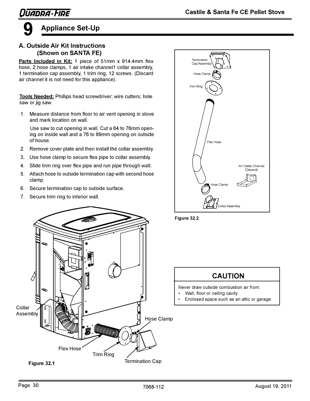 Quadra-Fire 7068-112 owner manual Appliance Set-Up, Outside Air Kit Instructions Shown on Santa FE 