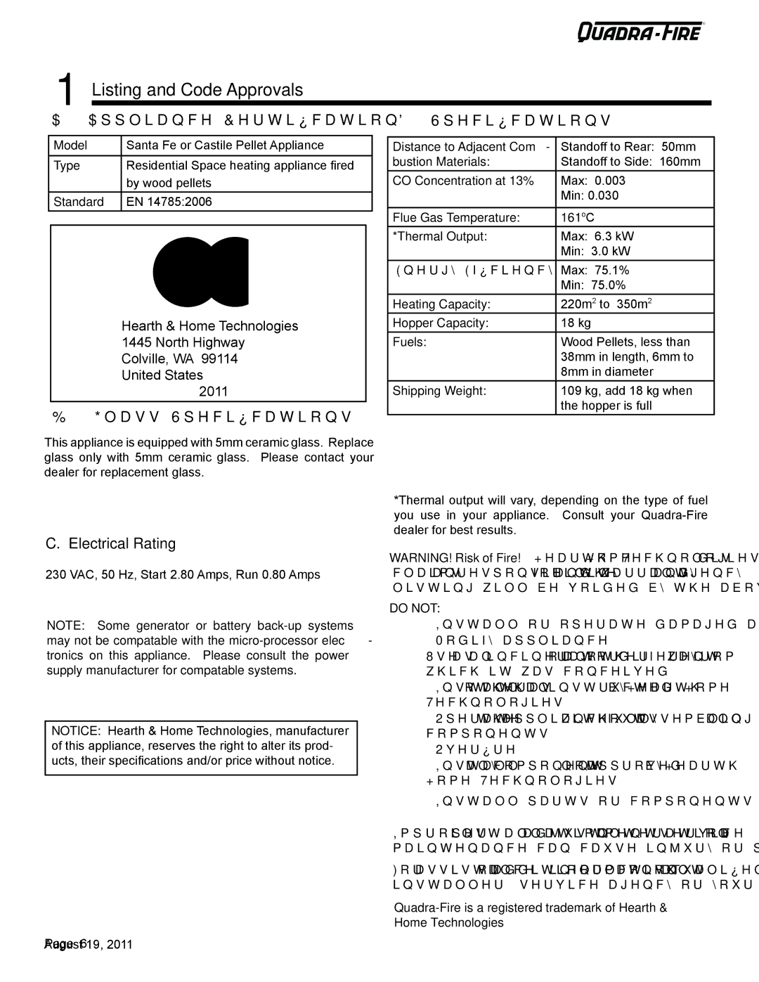 Quadra-Fire 7068-112 Listing and Code Approvals, Appliance Certification, Glass Specifications, Electrical Rating 