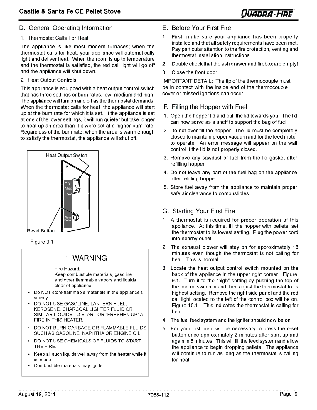 Quadra-Fire 7068-112 Before Your First Fire, Filling the Hopper with Fuel, Starting Your First Fire, Heat Output Controls 