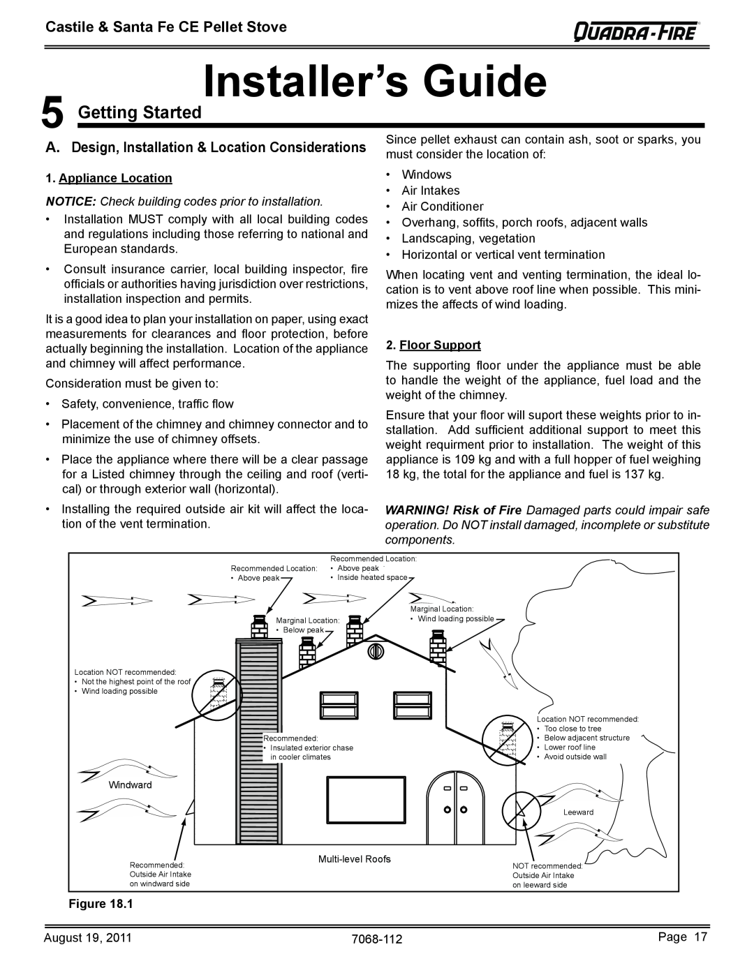 Quadra-Fire 7068-112 Installer’s Guide, Getting Started, Castile & Santa Fe CE Pellet Stove, Appliance Location 