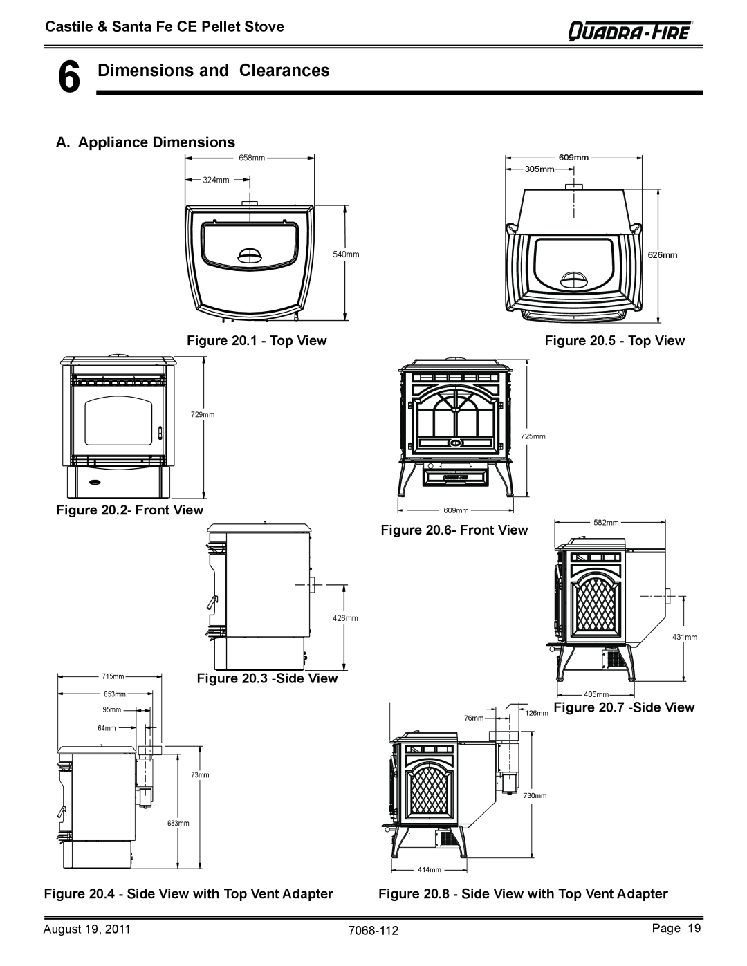 Quadra-Fire 7068-112 owner manual Dimensions and Clearances, A. Appliance Dimensions, Castile & Santa Fe CE Pellet Stove 