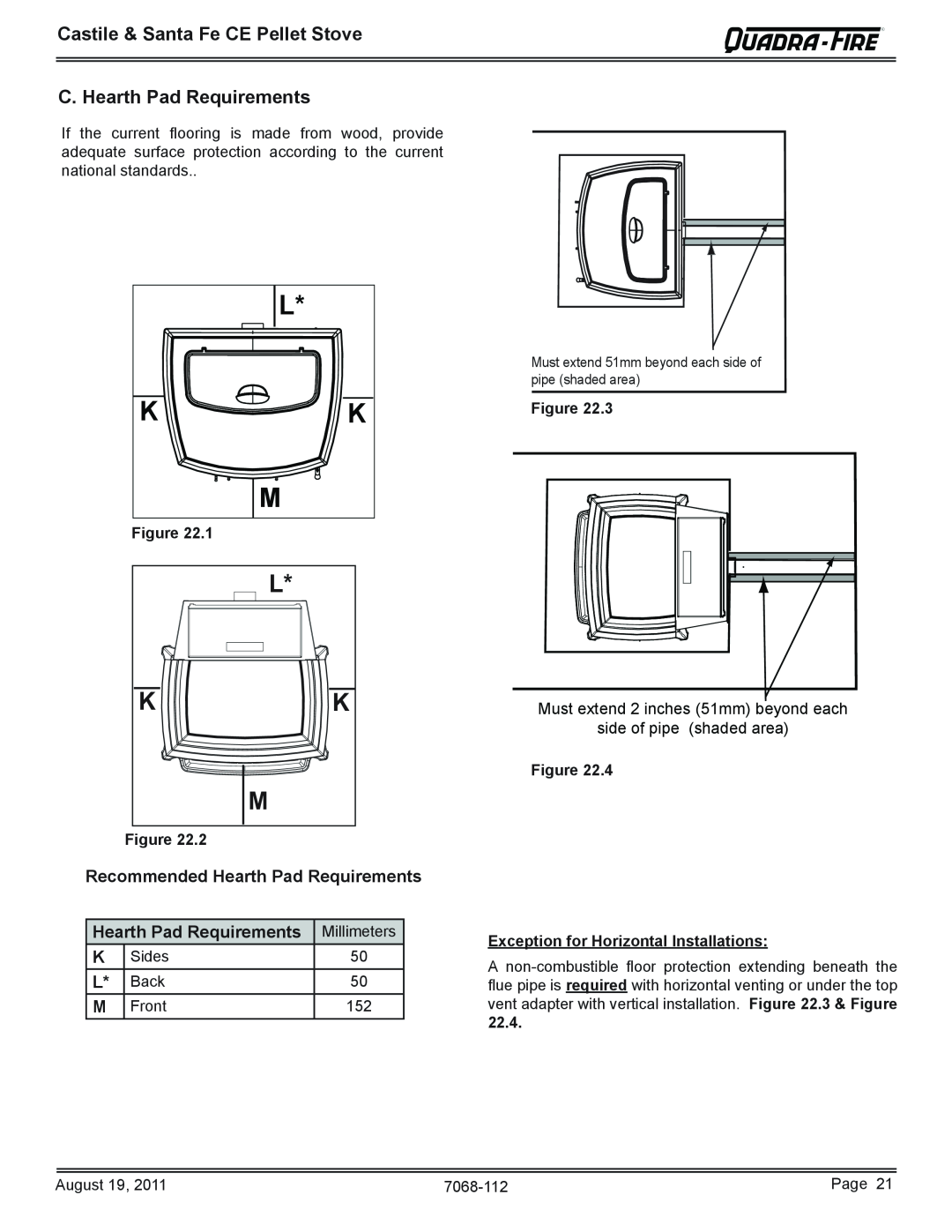 Quadra-Fire 7068-112 C. Hearth Pad Requirements, Castile & Santa Fe CE Pellet Stove, Must extend 2 inches 51mm beyond each 