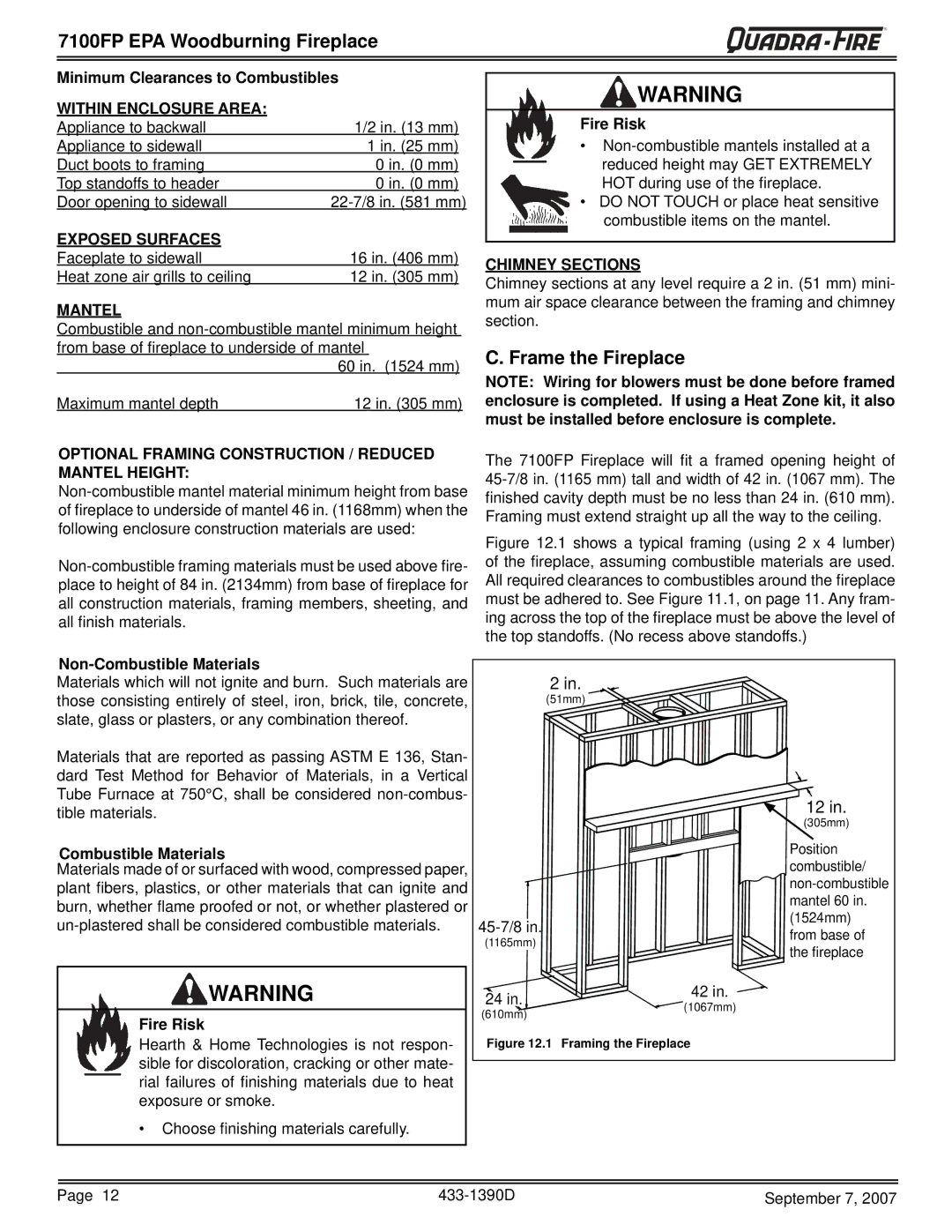 Quadra-Fire 7100FP-NL-B, 7100FP-BK-B Frame the Fireplace, Minimum Clearances to Combustibles, Non-Combustible Materials 