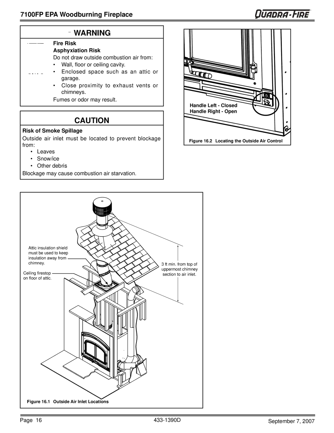 Quadra-Fire 7100FP-BK-B warranty Fire Risk Asphyxiation Risk, Risk of Smoke Spillage, Handle Left Closed Handle Right Open 