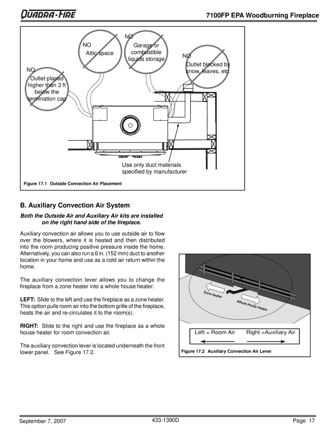 Quadra-Fire 7100FP-GD-B, 7100FP-NL-B, 7100FP-BK-B warranty Auxiliary Convection Air System, Attic space 