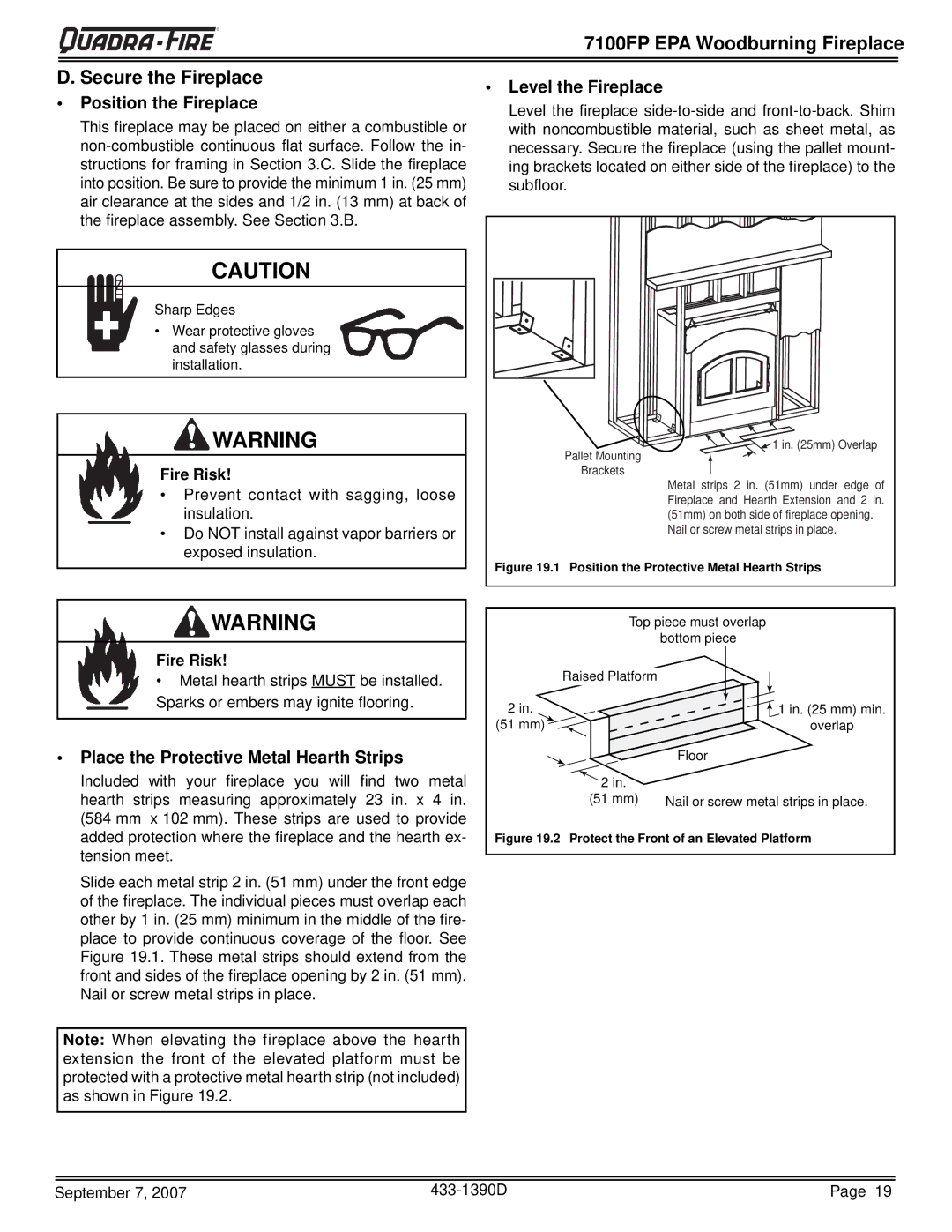 Quadra-Fire 7100FP-BK-B 7100FP EPA Woodburning Fireplace Secure the Fireplace, Position the Fireplace, Level the Fireplace 