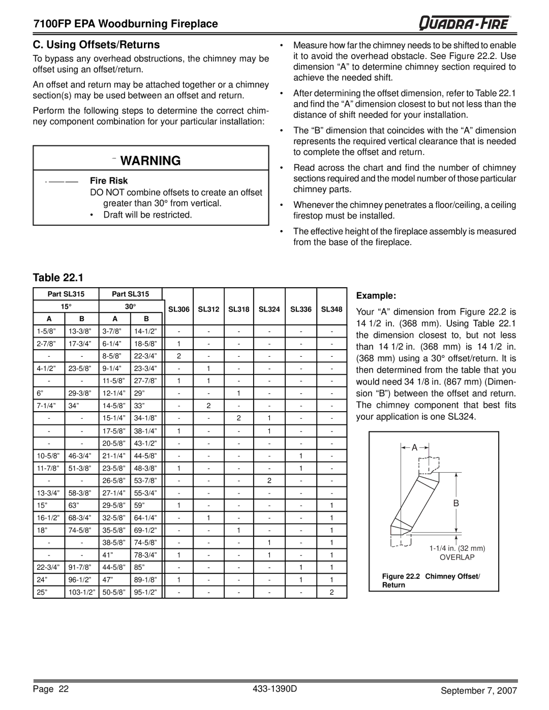 Quadra-Fire 7100FP-BK-B, 7100FP-NL-B, 7100FP-GD-B warranty 7100FP EPA Woodburning Fireplace Using Offsets/Returns, Example 